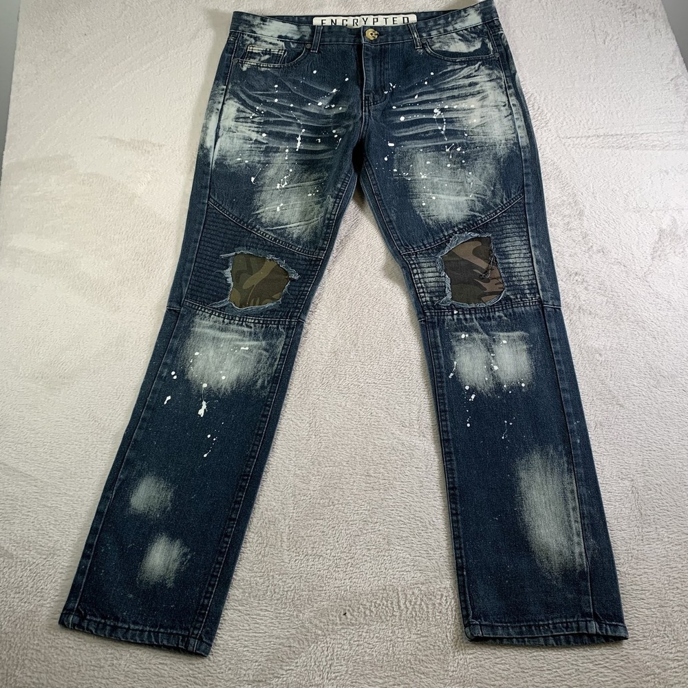Encrypted Jeans Mens 38 Blue Straight‎ Distressed Camo Knee Paint 31" Inseam